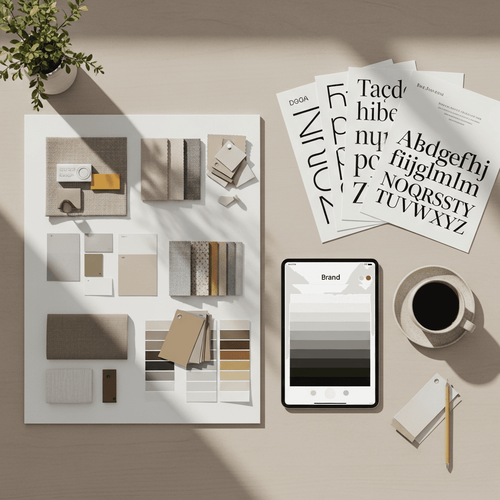 Mesa de trabalho de um estúdio de design — moodboard, paleta de cores e referências tipográficas
