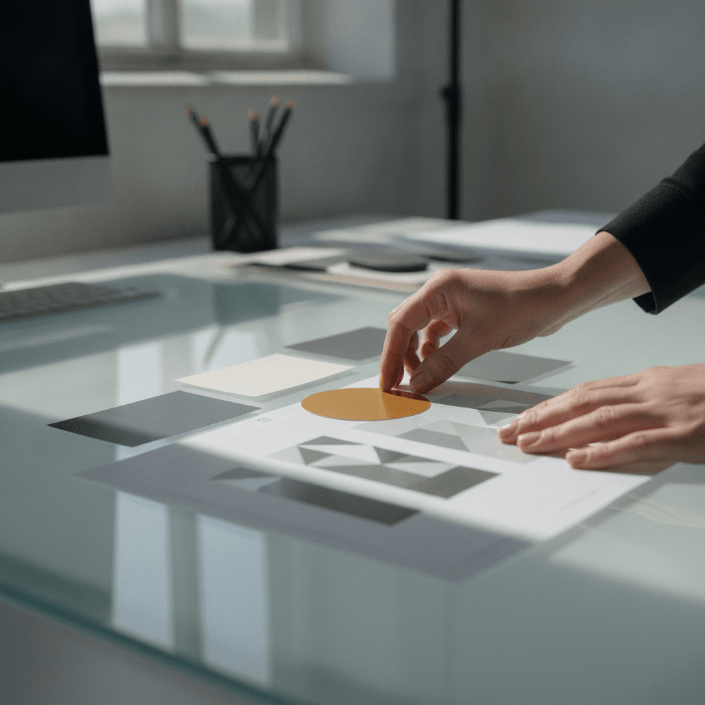 Mãos organizando swatches de cor e uma prova de logotipo sobre uma mesa de luz — identidade visual em construção