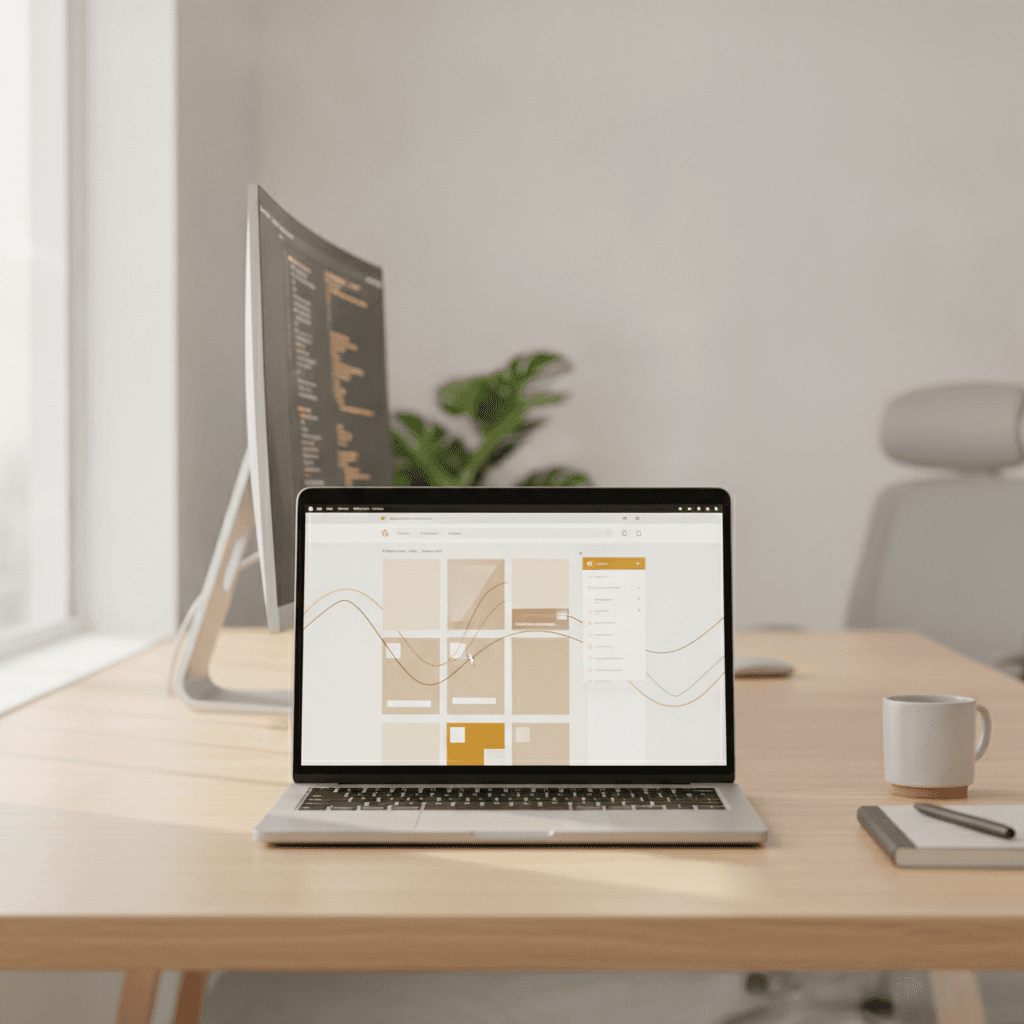Laptop com um layout de site sendo editado, em uma mesa de trabalho minimalista